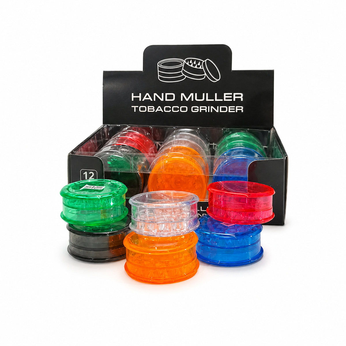 60mm Acrylic Hand Muller Tobacco Grinder - (12Pcs In A Display Box)
