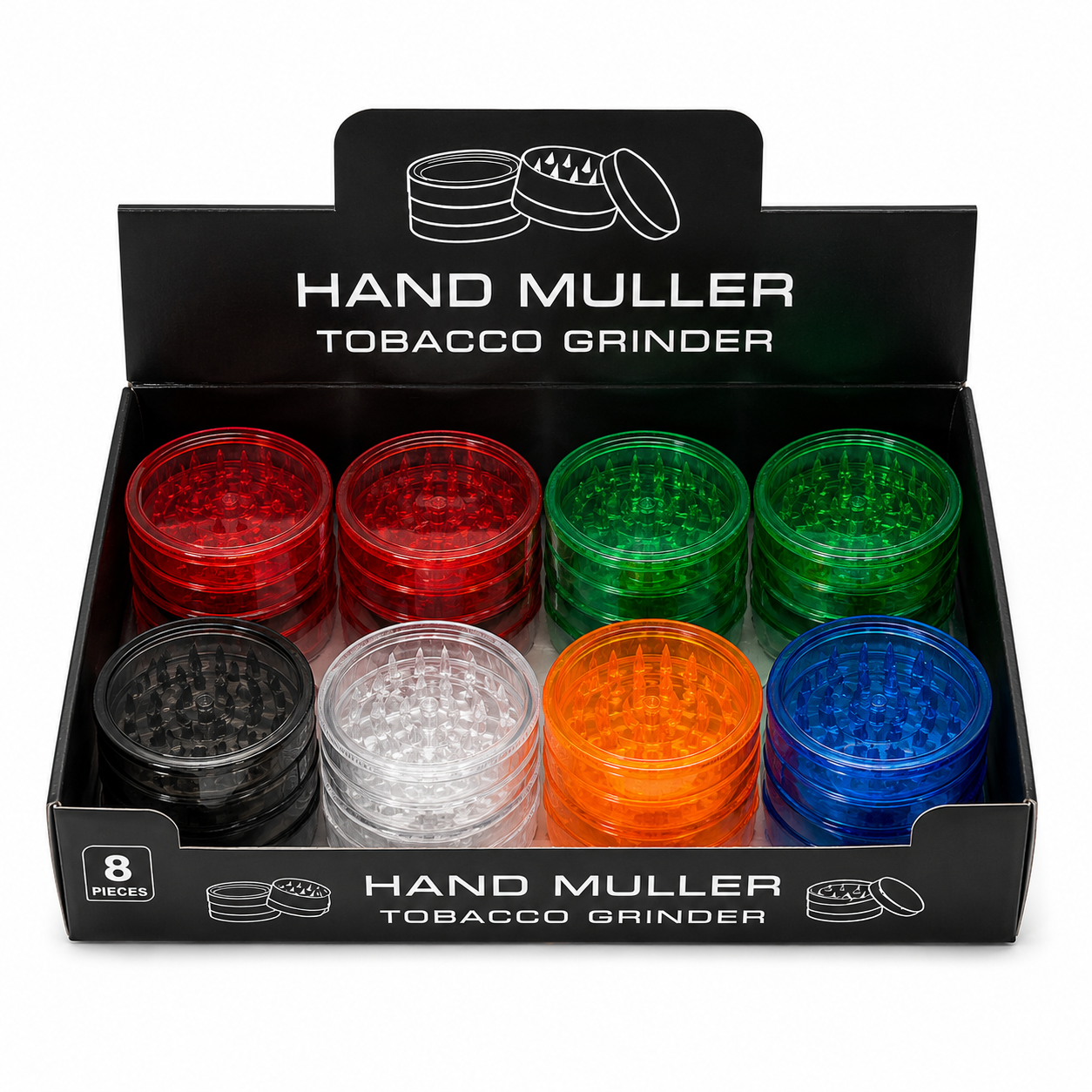 90mm Acrylic Hand Muller Tobacco Grinder - (8Pcs In A Display Box)