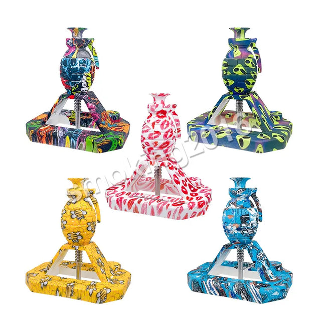 Silicone Printed Grenade Shape with Metal Dabber Stand Dab NC Straw Set