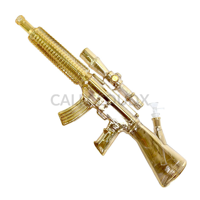 Electro Plated Gun Shaped Waterpipe w Wood Stand