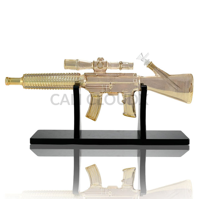 Electro Plated Gun Shaped Waterpipe w Wood Stand