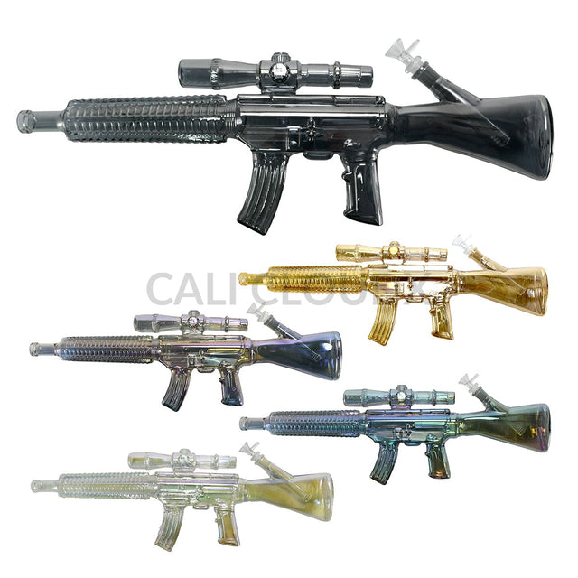Electro Plated Gun Shaped Waterpipe w Wood Stand