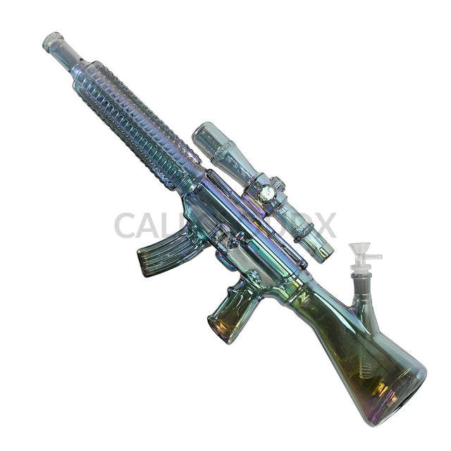 Electro Plated Gun Shaped Waterpipe w Wood Stand